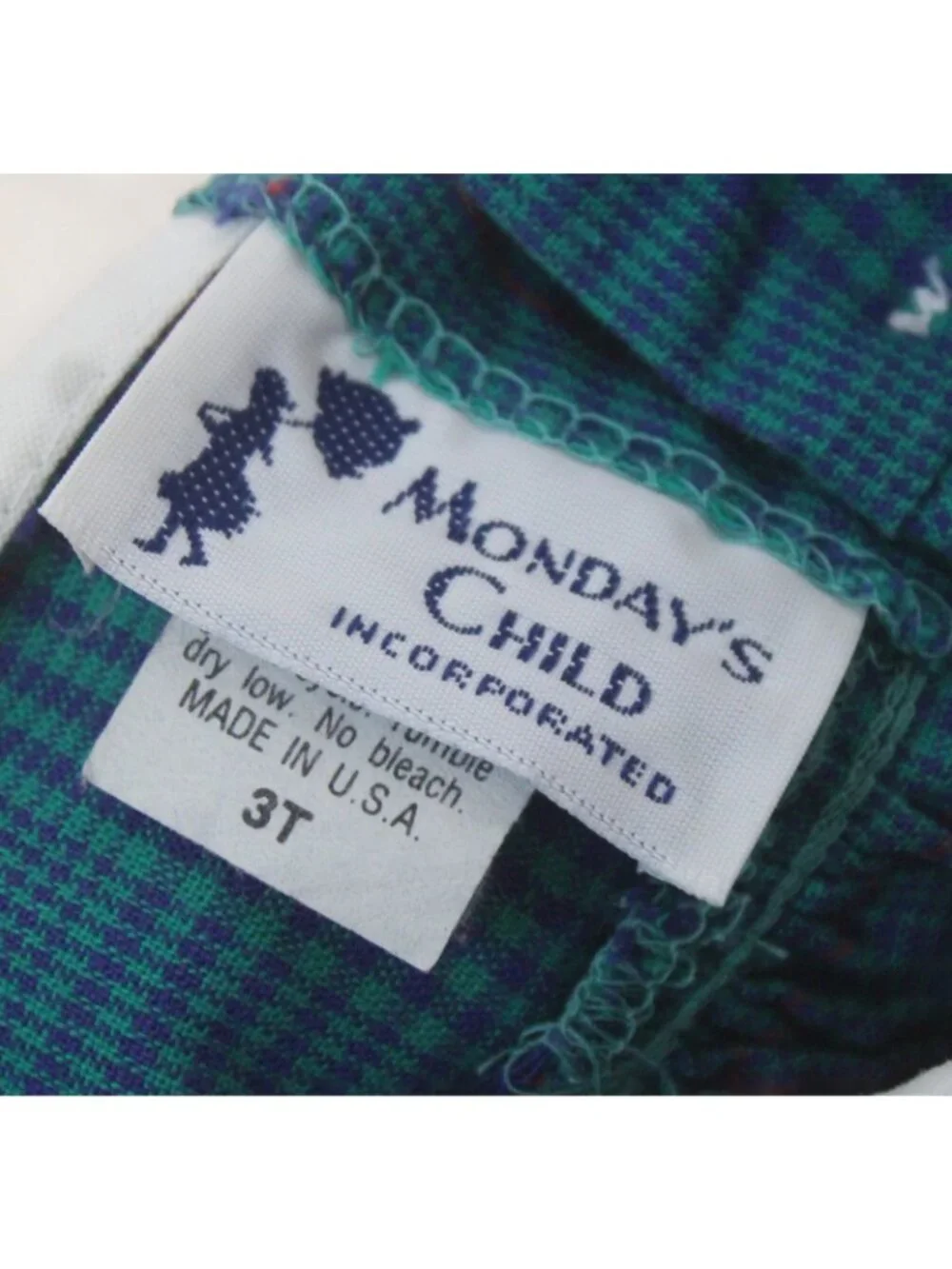 Vtg 90s Mondays Child Green Teal Dress Bib Collar sz 3T Plaid Paper Tag